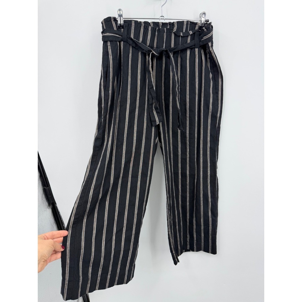 J.Jill Emilie Paper Bag Crop Pants Womens S Black White Linen Blend Striped Wide